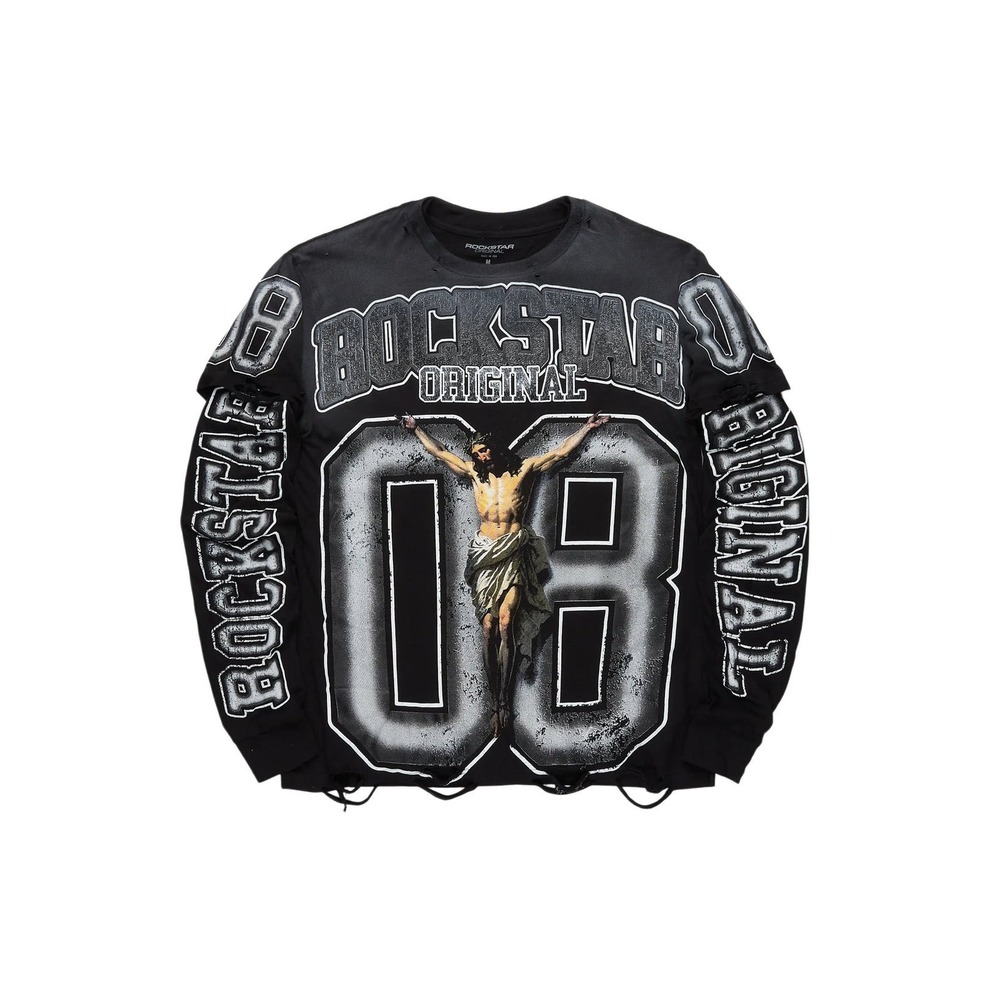 Rockstar Original Mens Black Jesus Graphic Long Sleeve Distressed Tee Shirt 08